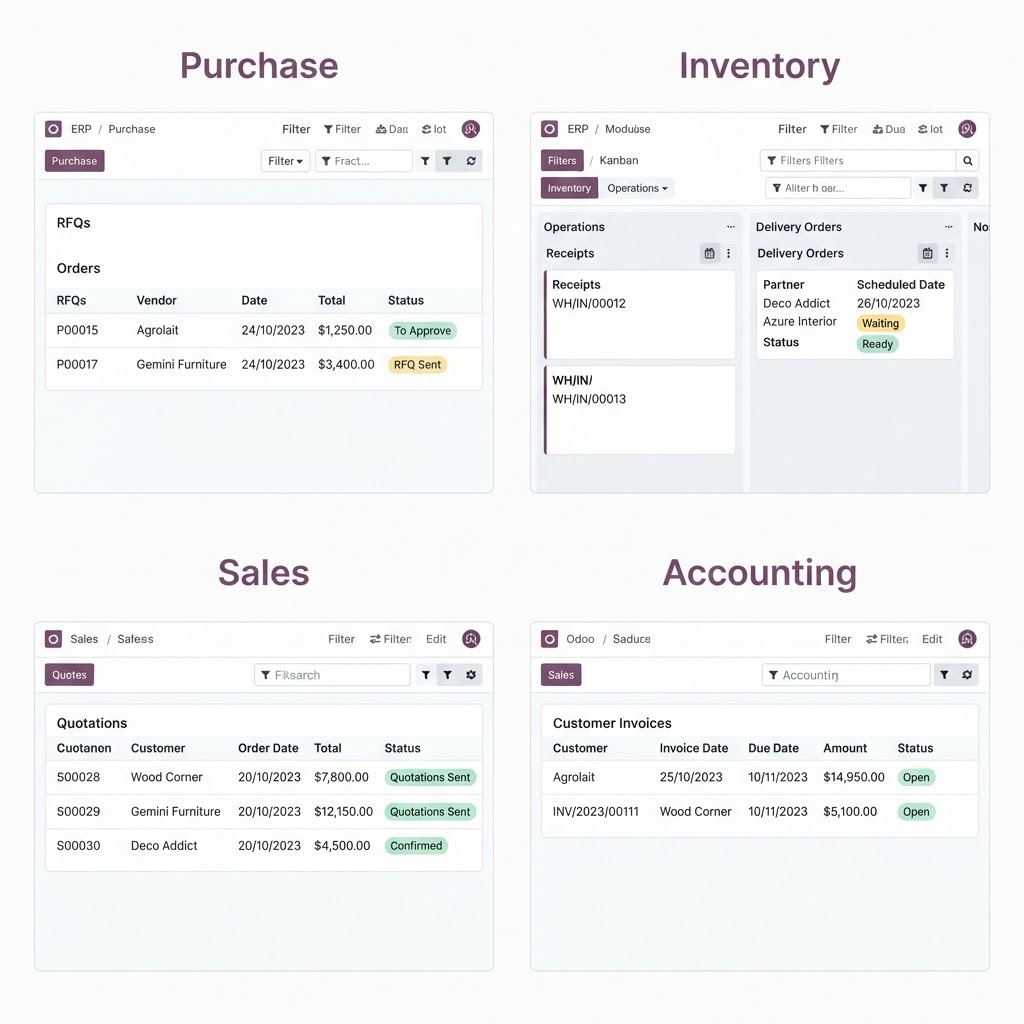 Odoo Trade & Distribution apps suite — Purchase, Inventory, Sales, Accounting
